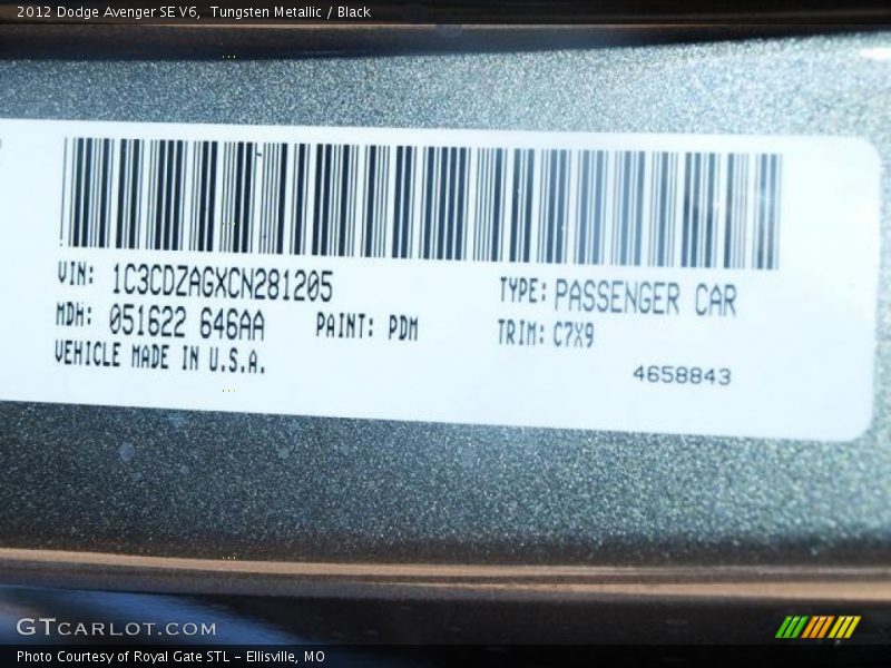 Tungsten Metallic / Black 2012 Dodge Avenger SE V6
