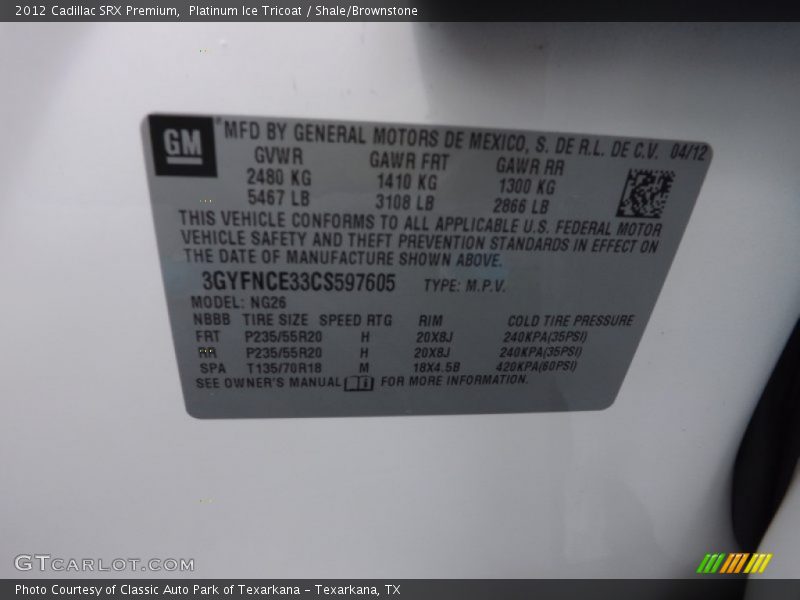 Platinum Ice Tricoat / Shale/Brownstone 2012 Cadillac SRX Premium