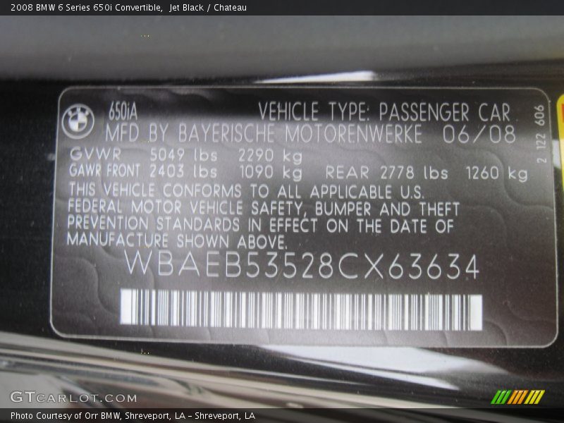 Info Tag of 2008 6 Series 650i Convertible