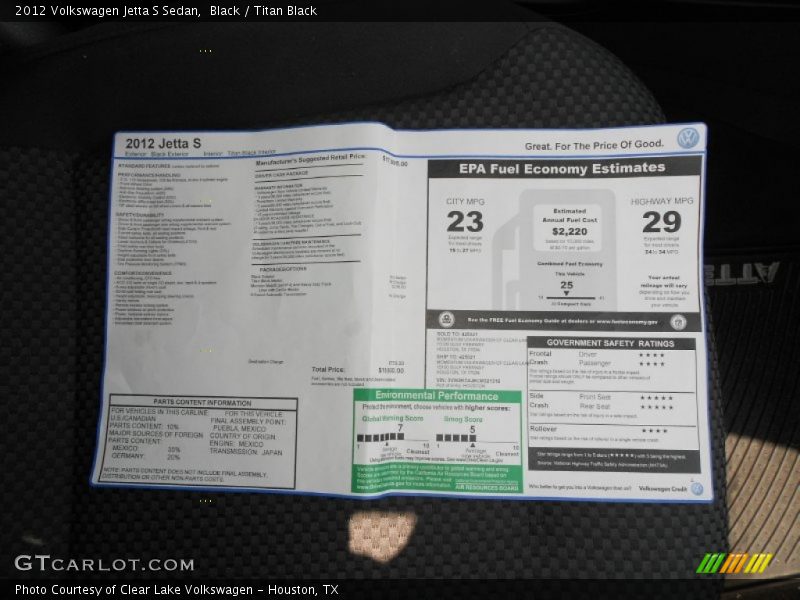  2012 Jetta S Sedan Window Sticker