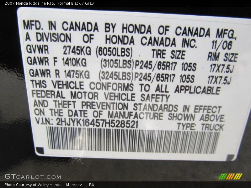Formal Black / Gray 2007 Honda Ridgeline RTS
