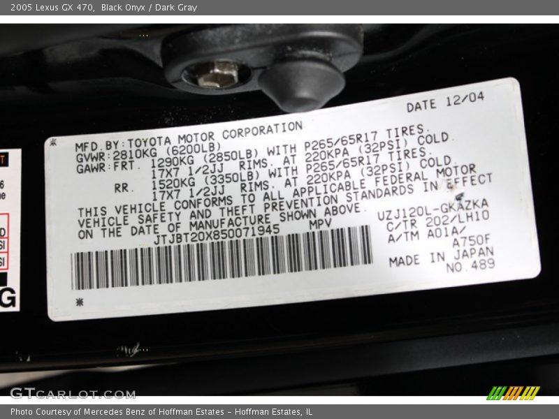 2005 GX 470 Black Onyx Color Code 202
