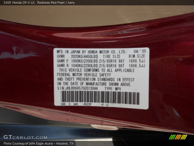 2005 CR-V LX Redondo Red Pearl Color Code R522P