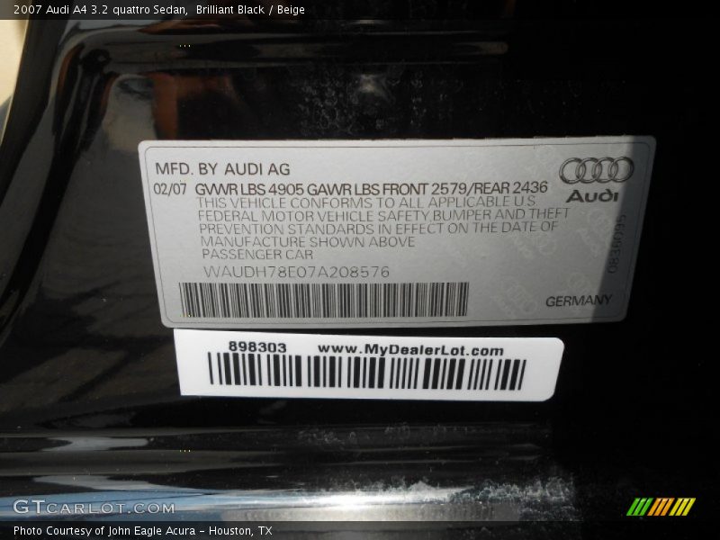 Brilliant Black / Beige 2007 Audi A4 3.2 quattro Sedan