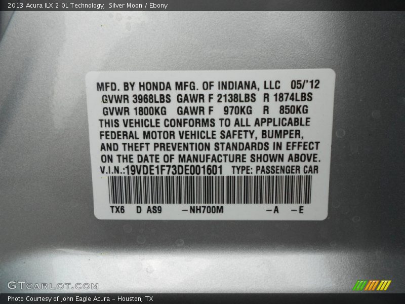 2013 ILX 2.0L Technology Silver Moon Color Code NH700M
