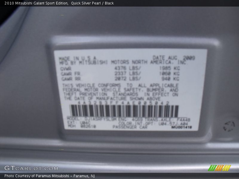 Quick Silver Pearl / Black 2010 Mitsubishi Galant Sport Edition