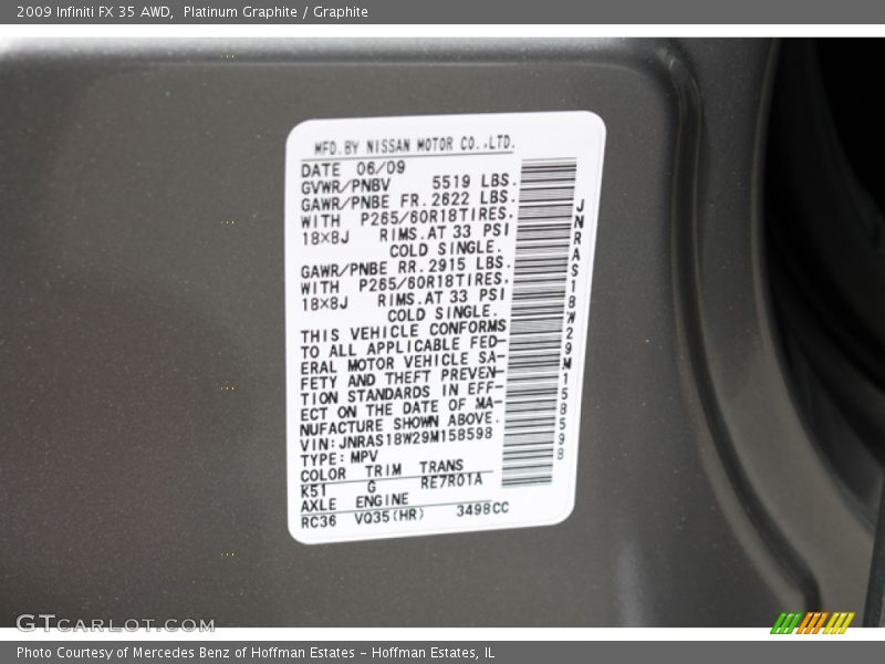 Platinum Graphite / Graphite 2009 Infiniti FX 35 AWD