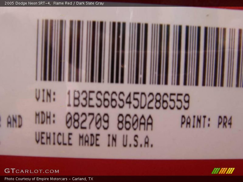 2005 Neon SRT-4 Flame Red Color Code PR4