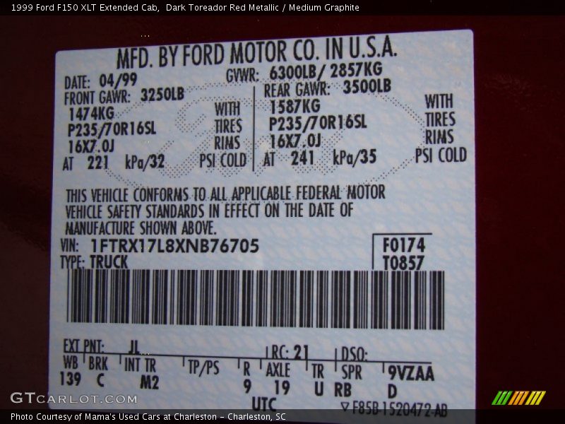 1999 F150 XLT Extended Cab Dark Toreador Red Metallic Color Code JL
