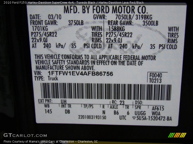 2010 F150 Harley-Davidson SuperCrew 4x4 Tuxedo Black Color Code UH