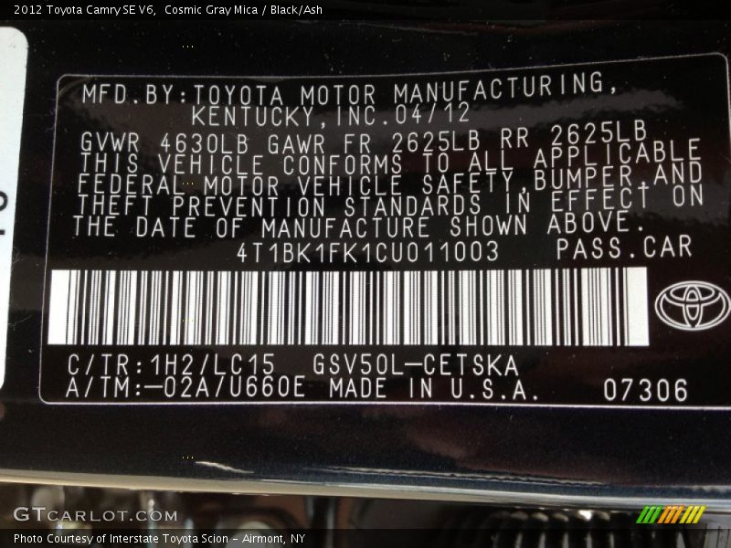 2012 Camry SE V6 Cosmic Gray Mica Color Code 1H2