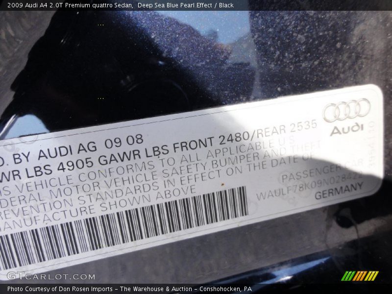 Deep Sea Blue Pearl Effect / Black 2009 Audi A4 2.0T Premium quattro Sedan