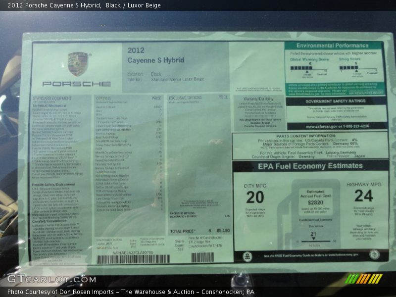  2012 Cayenne S Hybrid Window Sticker