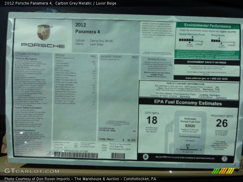  2012 Panamera 4 Window Sticker