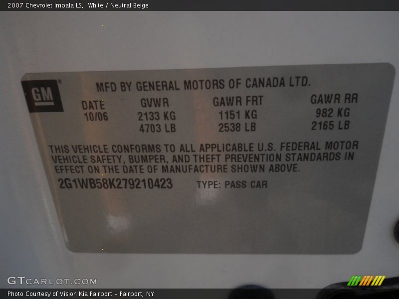 White / Neutral Beige 2007 Chevrolet Impala LS