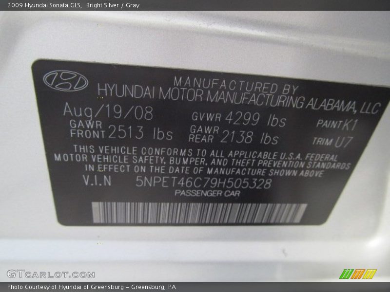Bright Silver / Gray 2009 Hyundai Sonata GLS