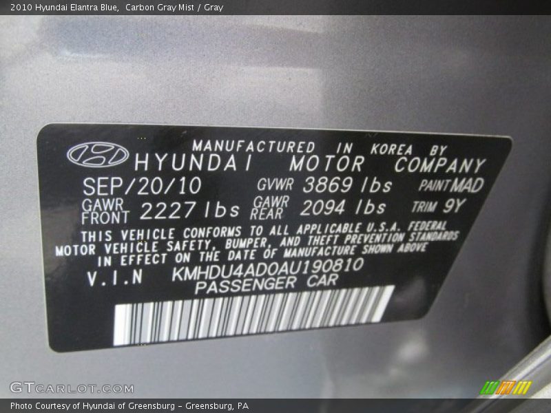 2010 Elantra Blue Carbon Gray Mist Color Code MAD