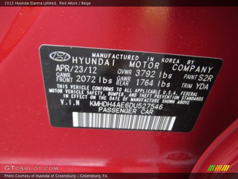 2013 Elantra Limited Red Allure Color Code S2R