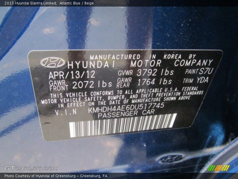 2013 Elantra Limited Atlantic Blue Color Code S7U