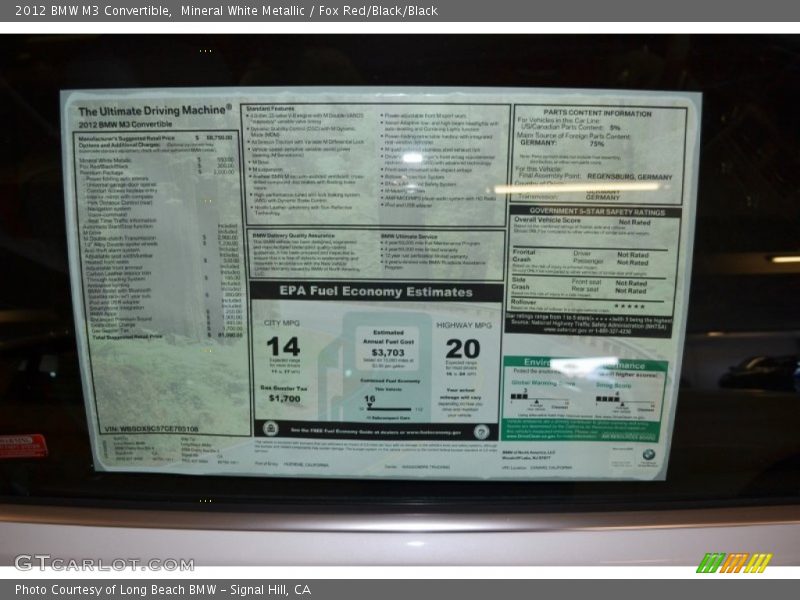  2012 M3 Convertible Window Sticker