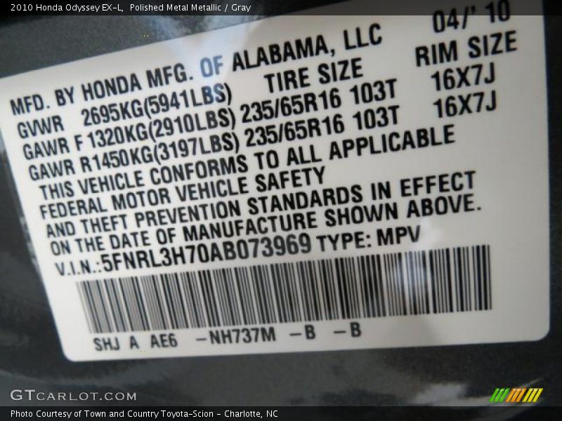 Polished Metal Metallic / Gray 2010 Honda Odyssey EX-L