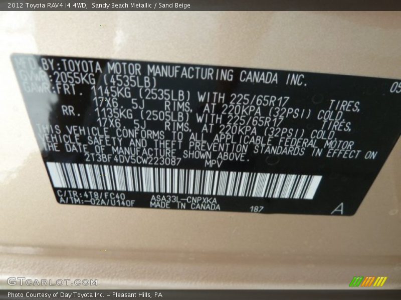 2012 RAV4 I4 4WD Sandy Beach Metallic Color Code 4T8
