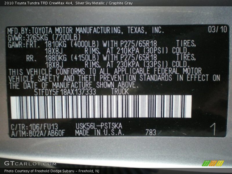 Silver Sky Metallic / Graphite Gray 2010 Toyota Tundra TRD CrewMax 4x4