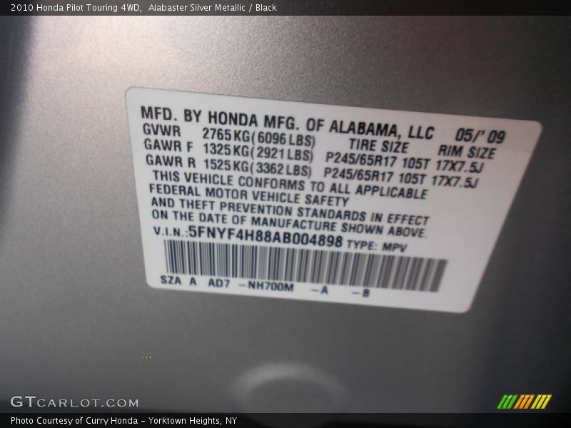 Alabaster Silver Metallic / Black 2010 Honda Pilot Touring 4WD