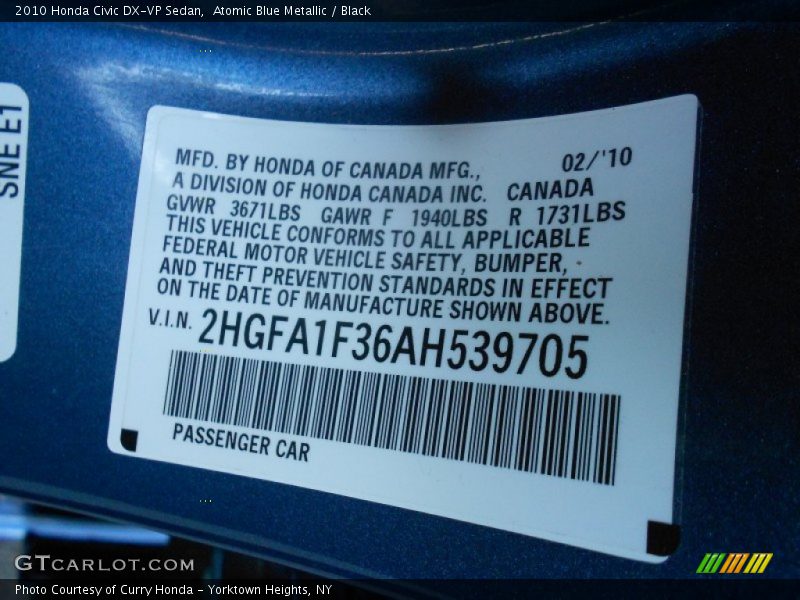 Atomic Blue Metallic / Black 2010 Honda Civic DX-VP Sedan