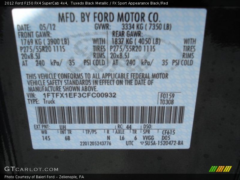 2012 F150 FX4 SuperCab 4x4 Tuxedo Black Metallic Color Code UH