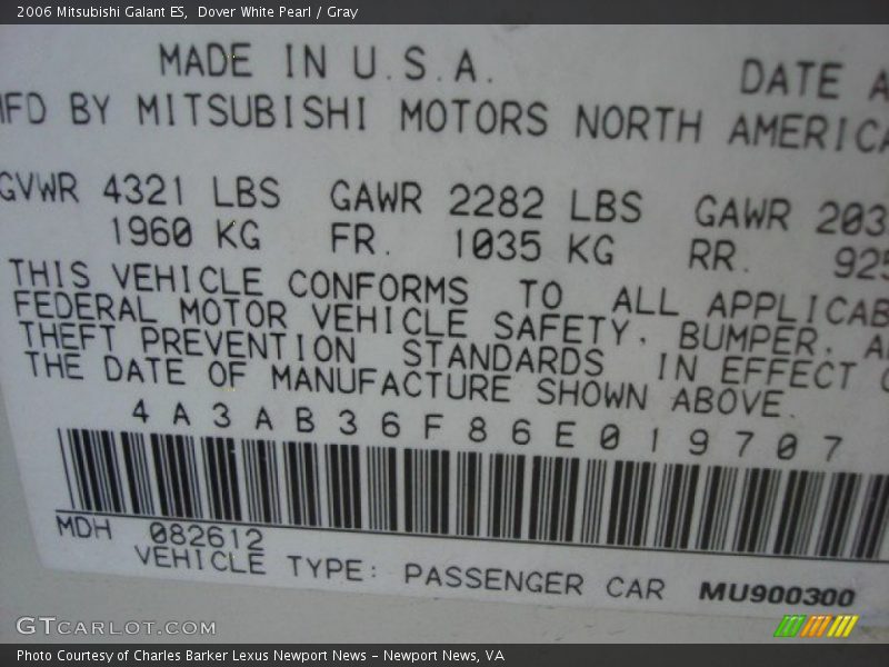 Dover White Pearl / Gray 2006 Mitsubishi Galant ES