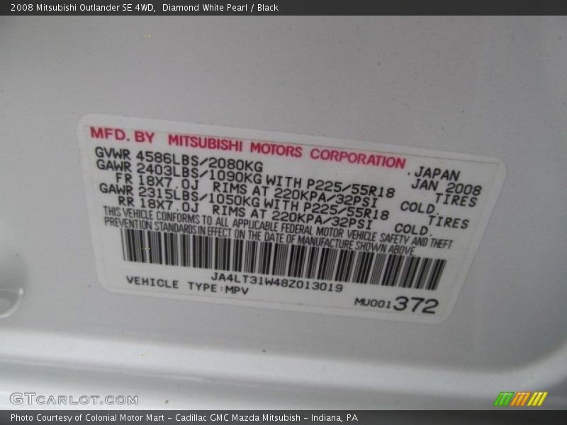 Diamond White Pearl / Black 2008 Mitsubishi Outlander SE 4WD