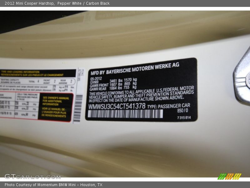 Pepper White / Carbon Black 2012 Mini Cooper Hardtop