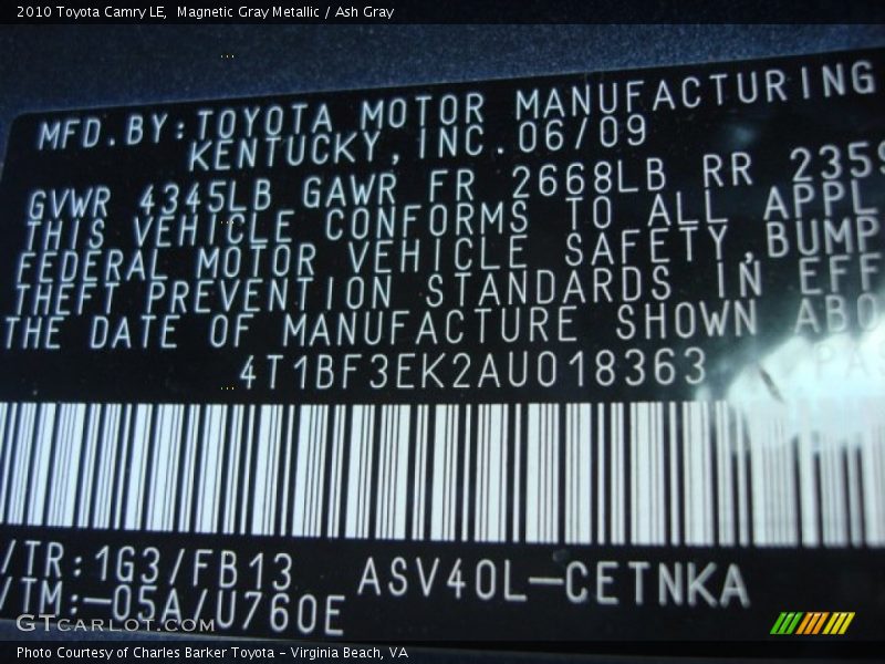 Magnetic Gray Metallic / Ash Gray 2010 Toyota Camry LE