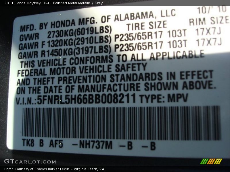 Polished Metal Metallic / Gray 2011 Honda Odyssey EX-L