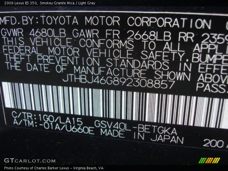 Smokey Granite Mica / Light Gray 2009 Lexus ES 350
