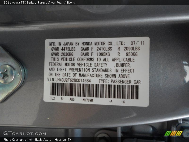 Forged Silver Pearl / Ebony 2011 Acura TSX Sedan