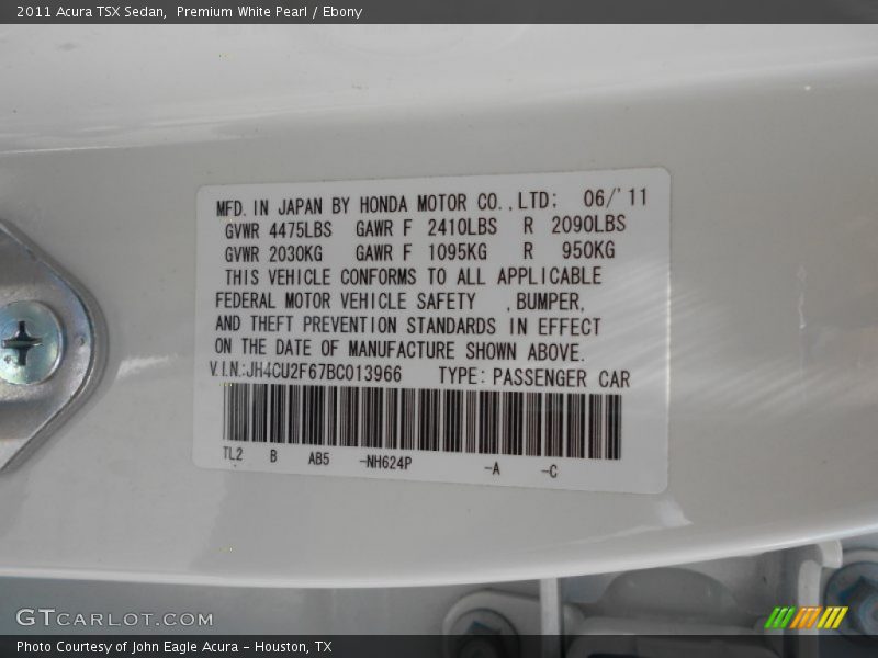 Premium White Pearl / Ebony 2011 Acura TSX Sedan