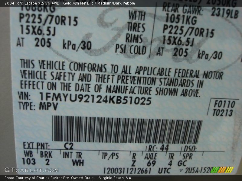 Gold Ash Metallic / Medium/Dark Pebble 2004 Ford Escape XLS V6 4WD