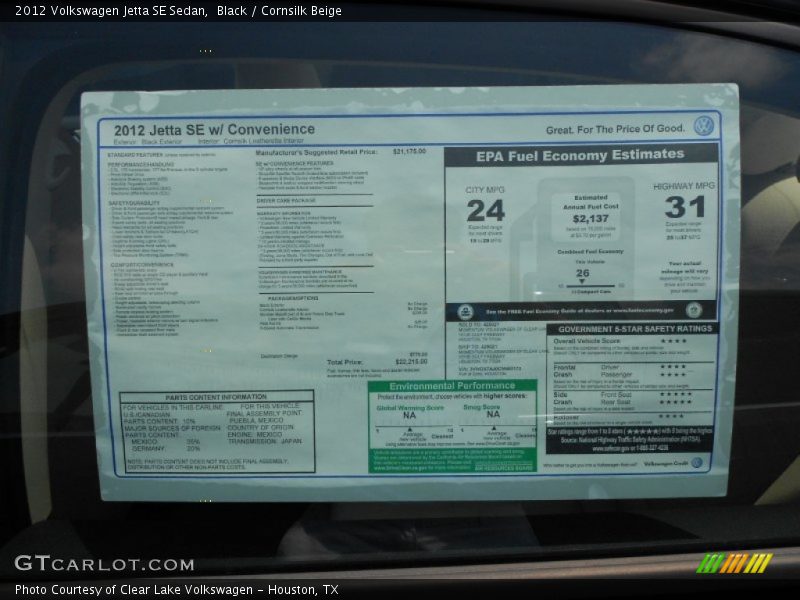  2012 Jetta SE Sedan Window Sticker