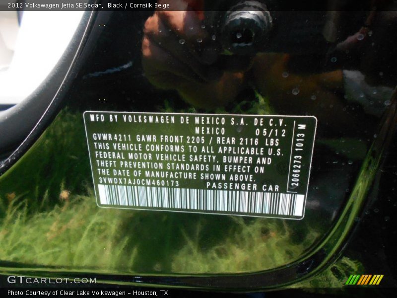 Info Tag of 2012 Jetta SE Sedan