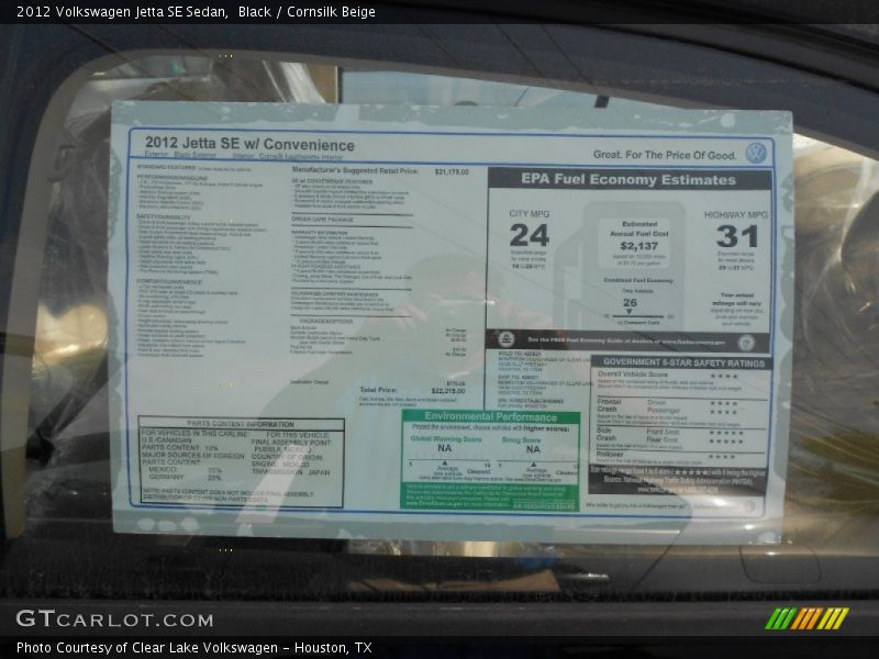 Black / Cornsilk Beige 2012 Volkswagen Jetta SE Sedan