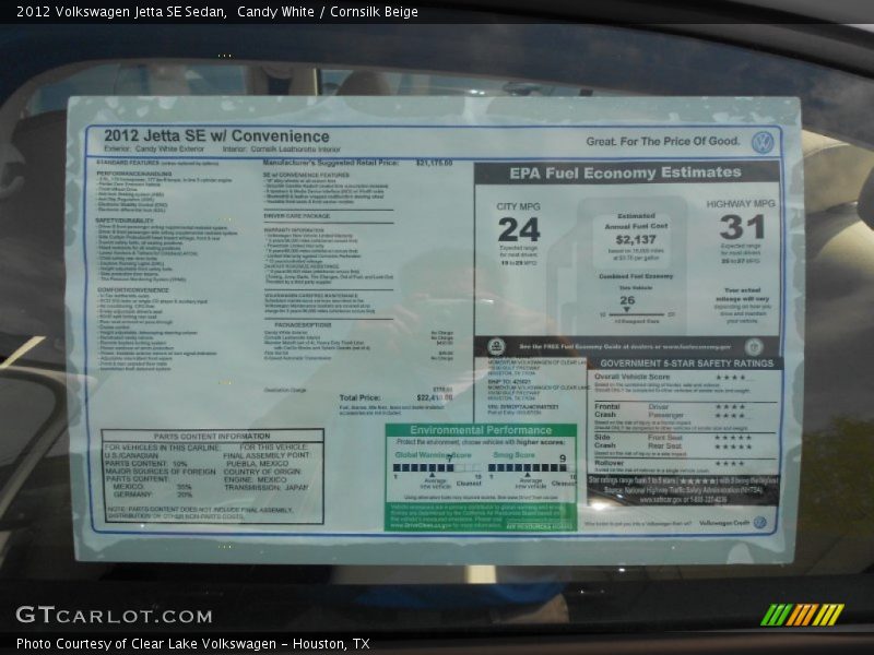 Candy White / Cornsilk Beige 2012 Volkswagen Jetta SE Sedan