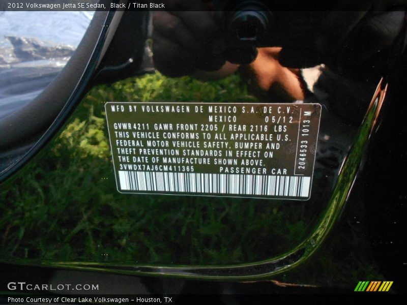 Black / Titan Black 2012 Volkswagen Jetta SE Sedan