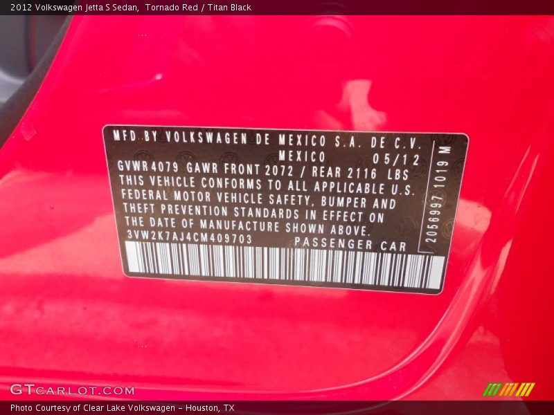 Tornado Red / Titan Black 2012 Volkswagen Jetta S Sedan