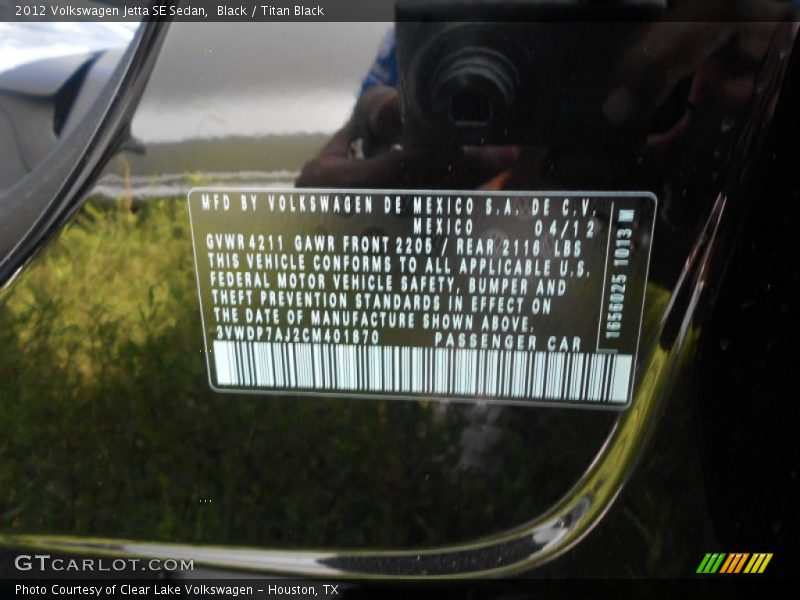 Black / Titan Black 2012 Volkswagen Jetta SE Sedan