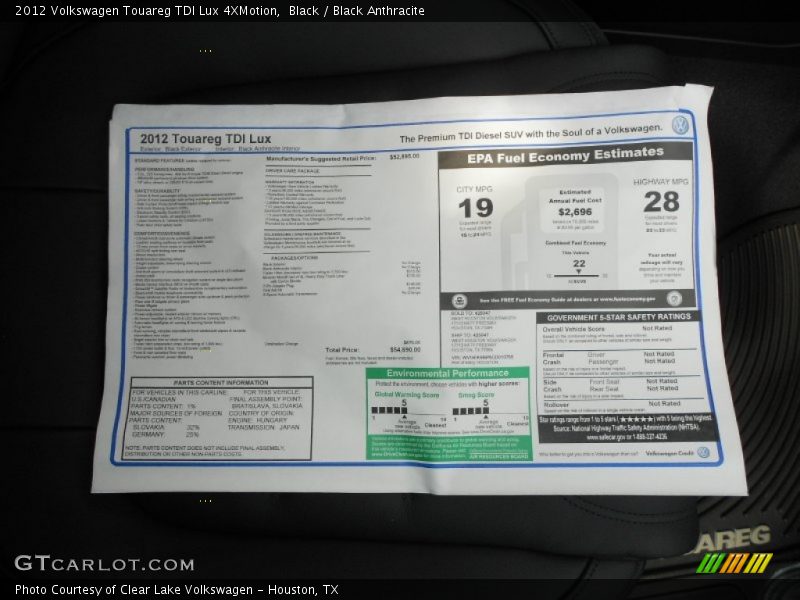  2012 Touareg TDI Lux 4XMotion Window Sticker