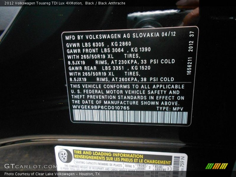 Black / Black Anthracite 2012 Volkswagen Touareg TDI Lux 4XMotion
