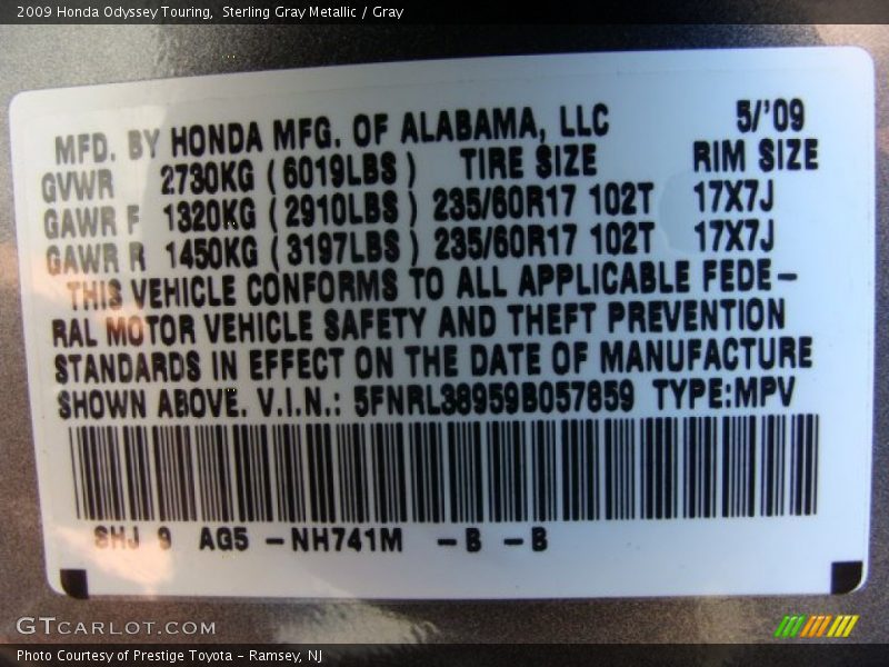 Sterling Gray Metallic / Gray 2009 Honda Odyssey Touring
