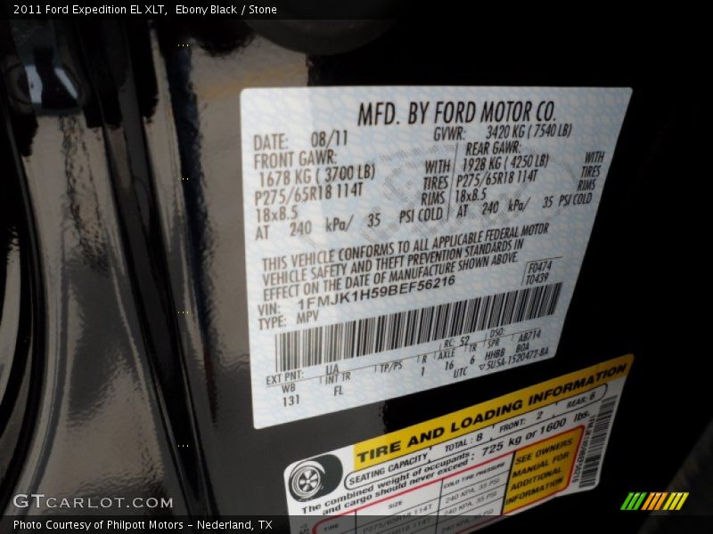 2011 Expedition EL XLT Ebony Black Color Code UA